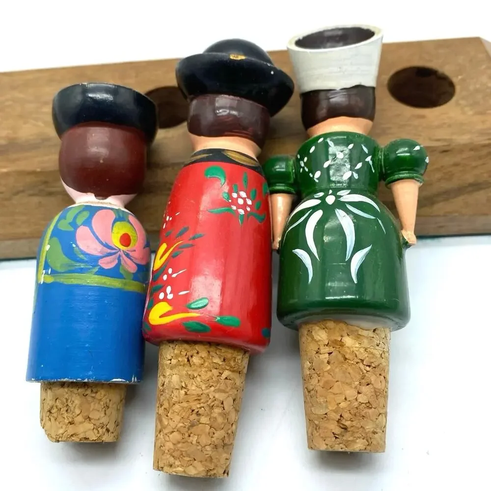 Vintage Hungarian‎ Hand Painted Folk Art Dolls Bottle Stoppers 3 with wood stand